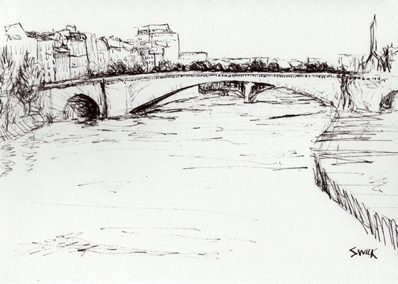 Bridge Near Notre Dame Cathedral, Pen and Ink Drawing From France
